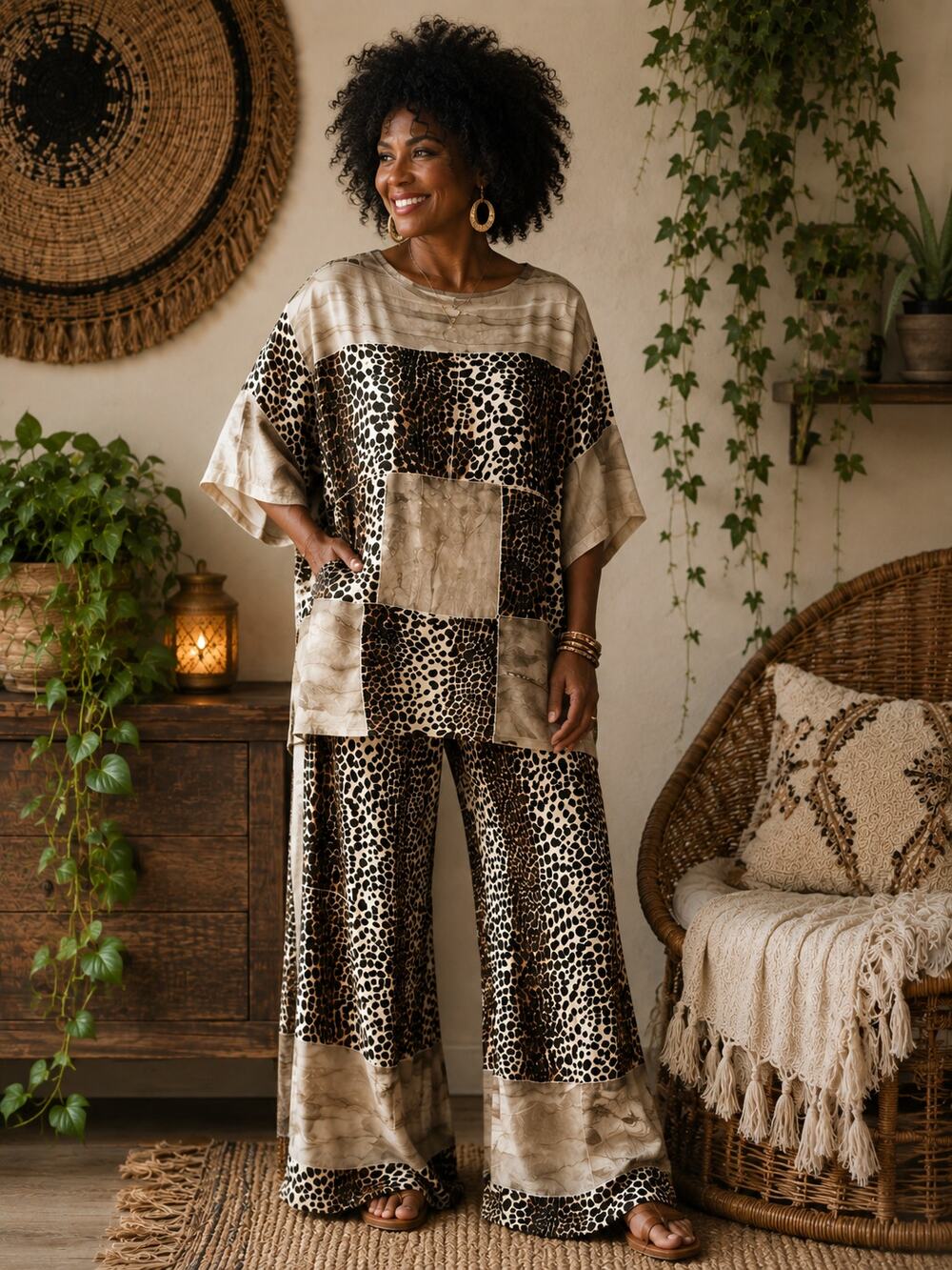 Gazapati 2 Piece Loose Blouse and Wide Leg Pants Animal Print Mesh One Size